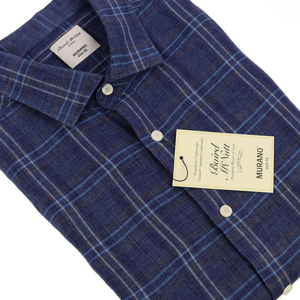 MURANO BAIRD MCNUTT Mens Blue CHECK Long Sleeve SLIM FIT Linen Shirt XL NWT